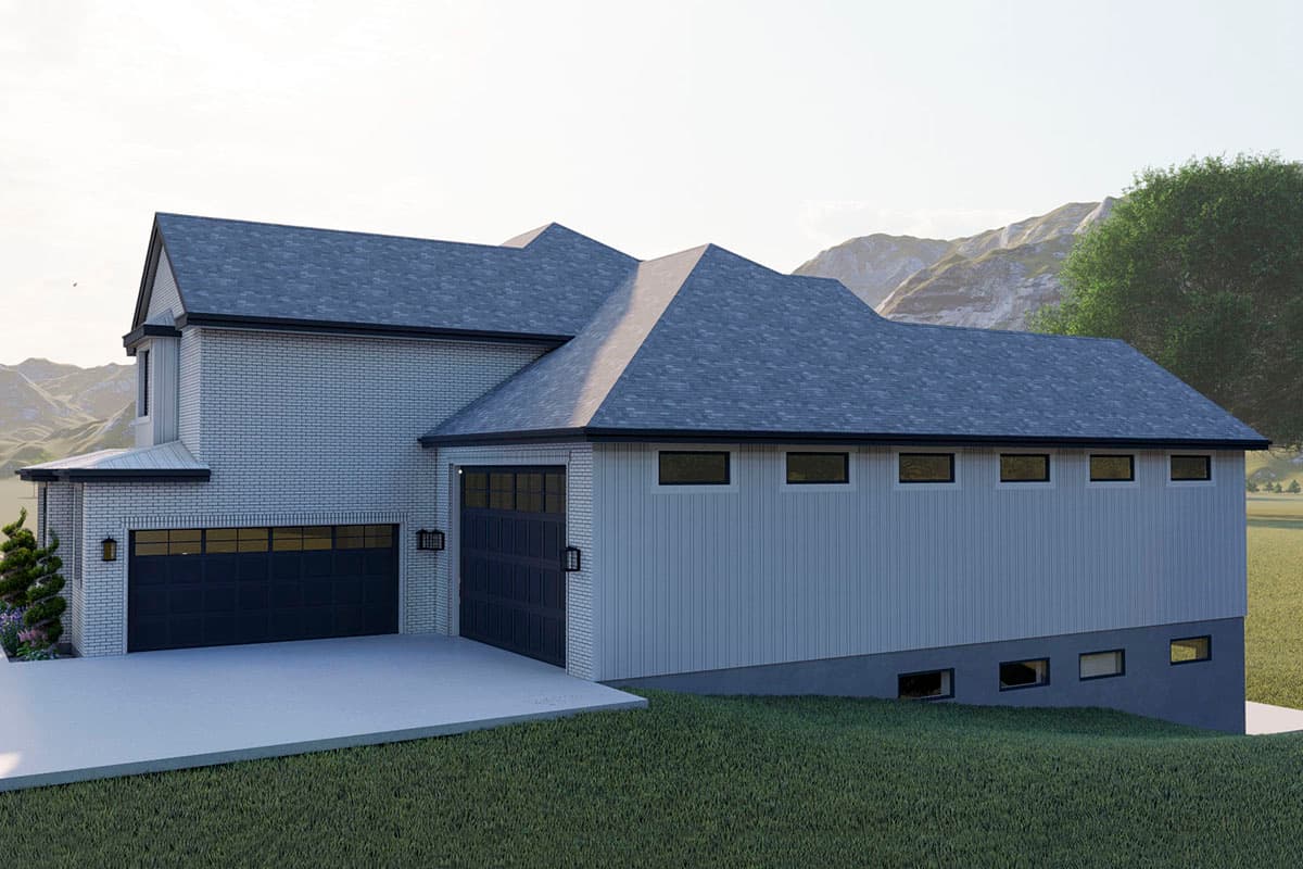 Modern house plan exterior with light brick facade, two-car garage, and linear window band.