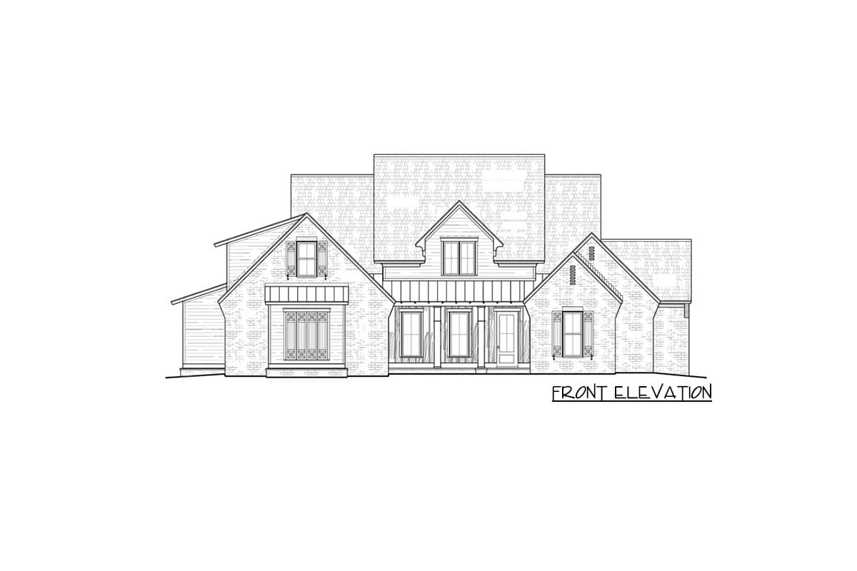 Front elevation house plan with a gabled dormer, covered porch, and varied rooflines.