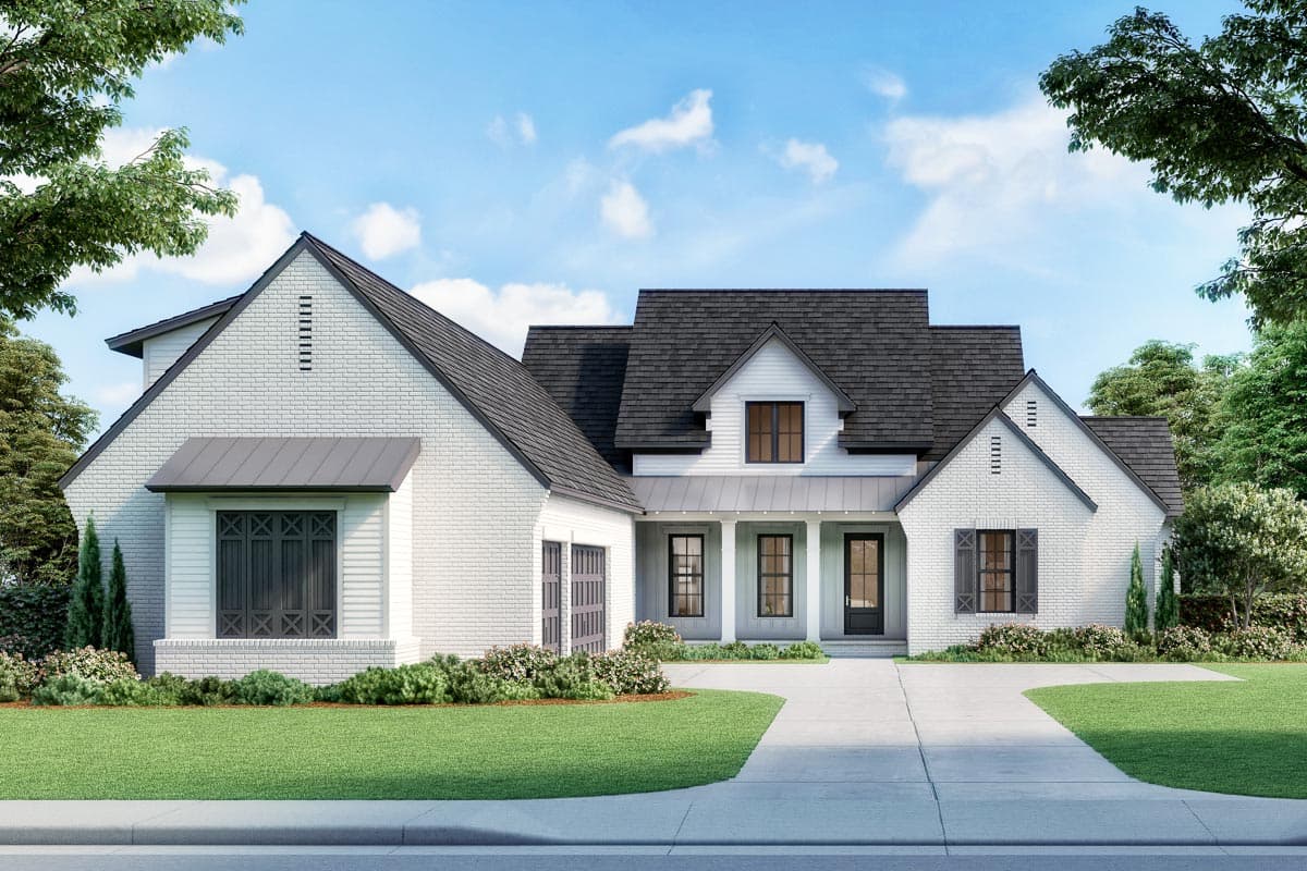 House plan exterior: Two-story Modern Farmhouse with gabled rooflines, covered porch, and a side-entry garage. White brick exterior.