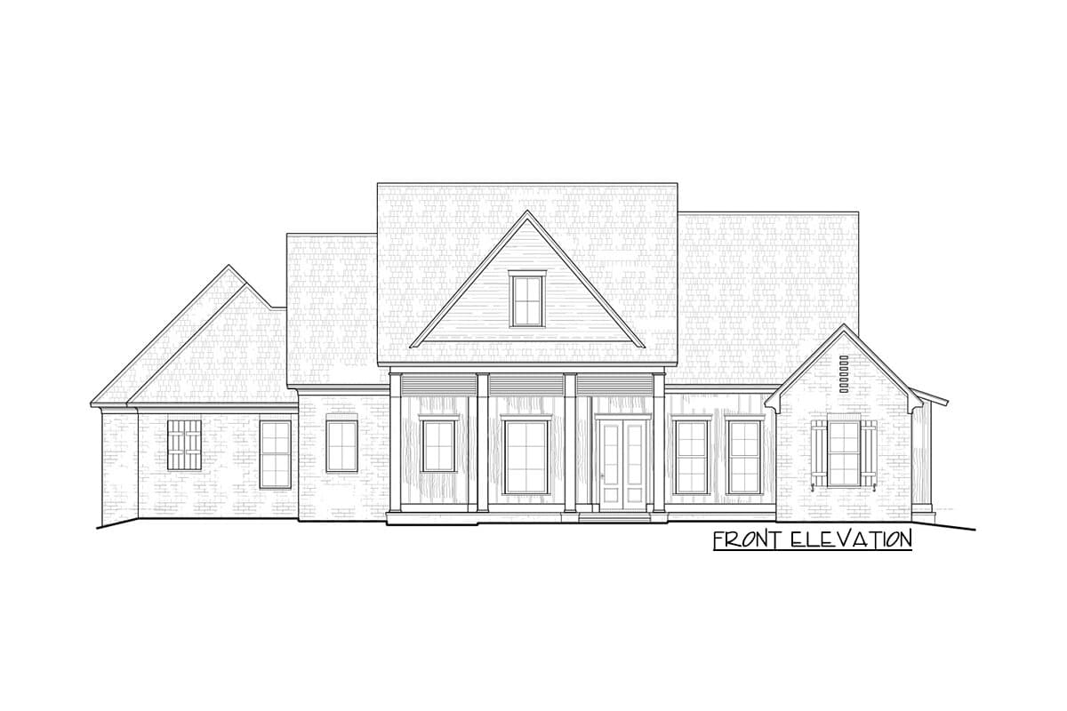 Front elevation drawing of a single-story house plan with a covered porch, prominent gables, and a steeply pitched roof.