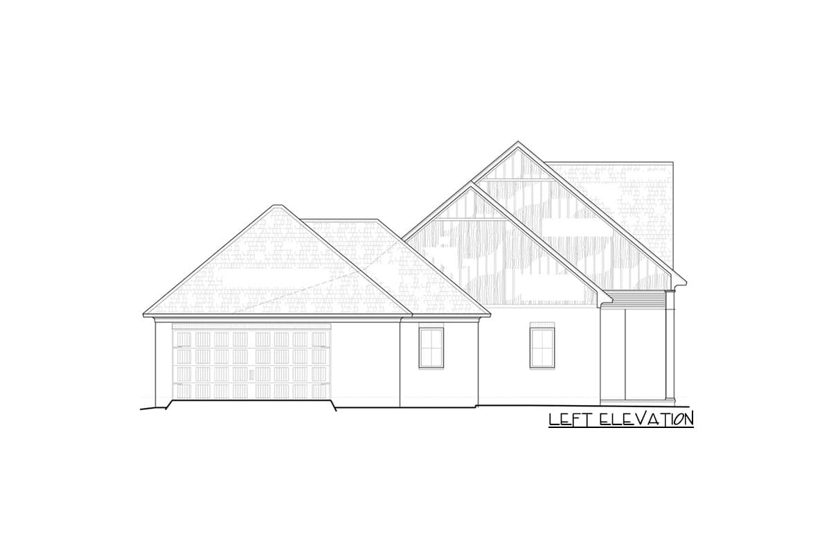 Left elevation drawing of a one-story house plan with attached garage, gabled rooflines, and visible roof framing.