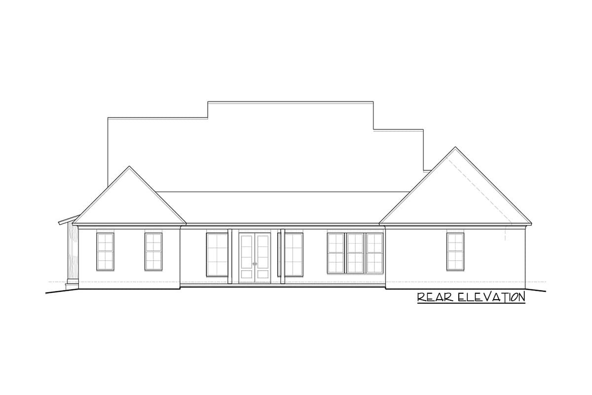Rear elevation drawing of a house plan with gabled roofs, double doors, and multiple windows.
