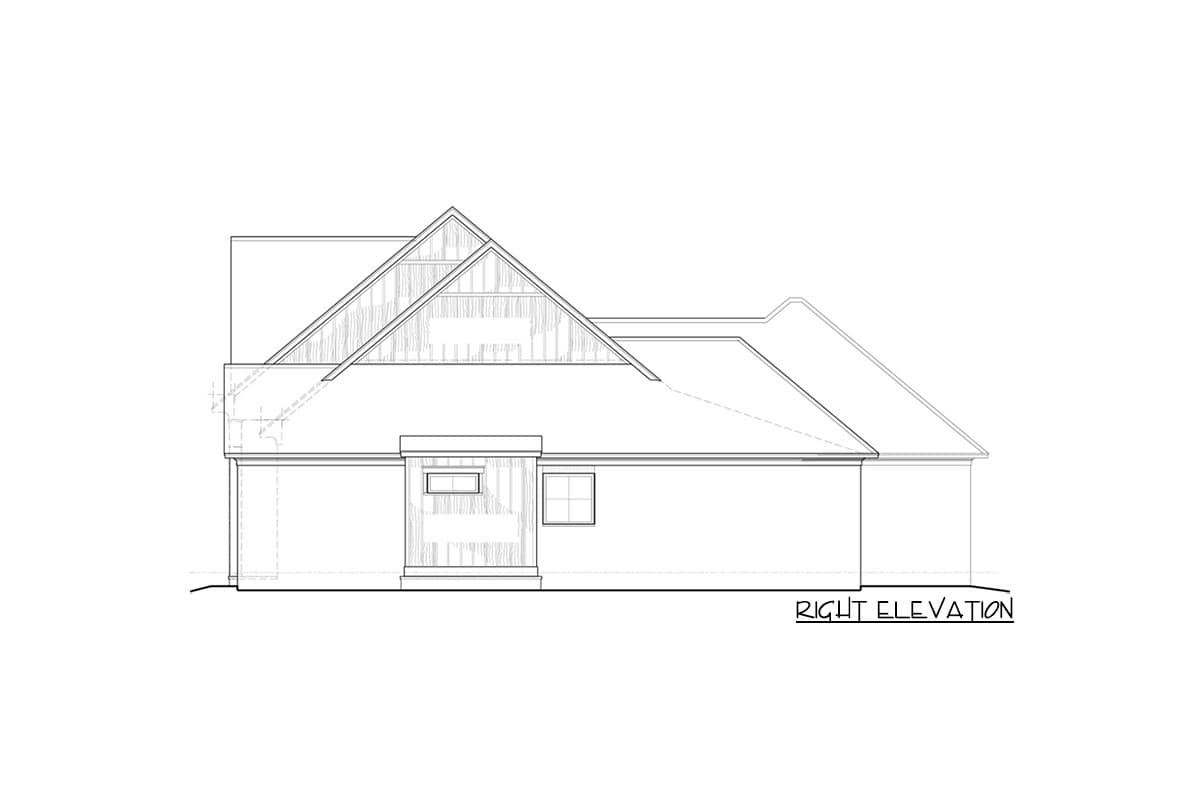 Right elevation drawing of a house plan showing rooflines, gables, and windows.