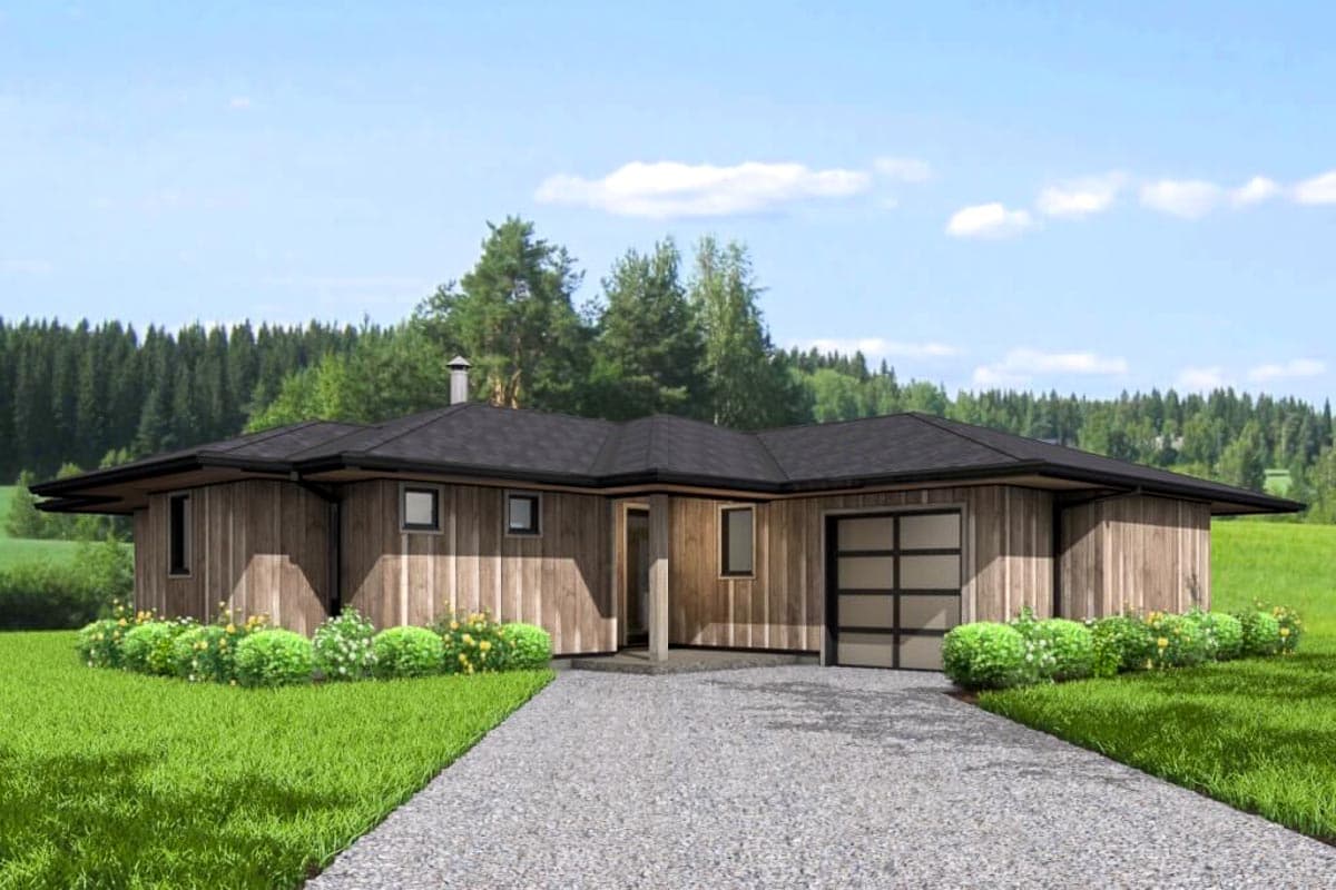 House plan exterior with wood siding and flat roof. Features include an attached garage, rectangular windows, and a chimney.