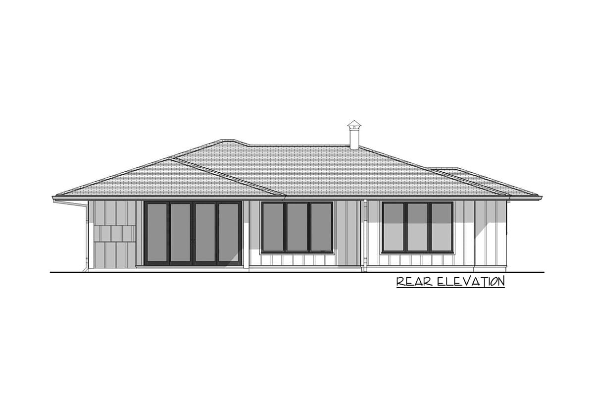 Rear elevation drawing of a one-story house plan with a hip roof, multiple windows, and a chimney.