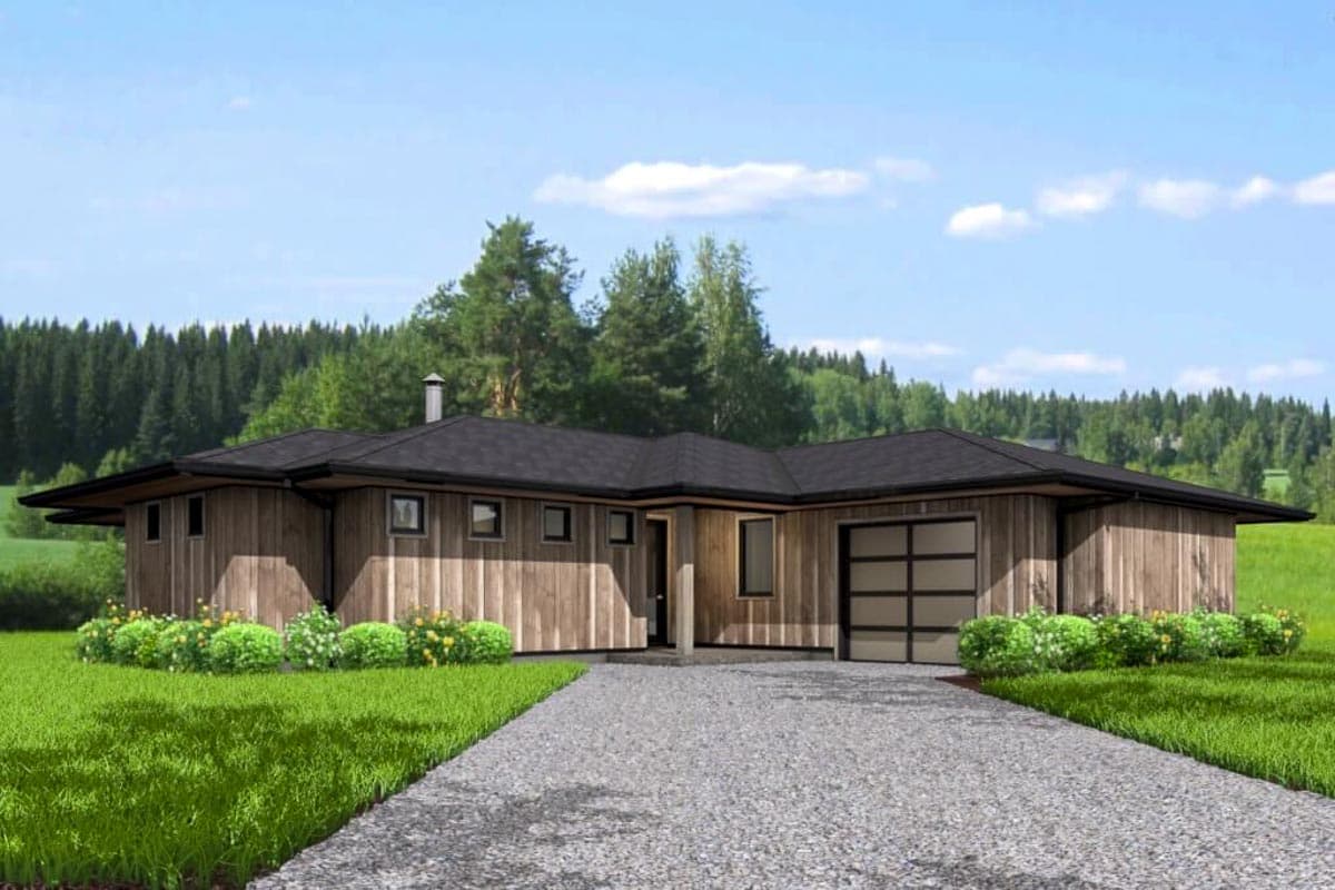 House plan exterior. Modern style, single story home with a flat roof, vertical siding, and a two-car garage. Features include large windows.