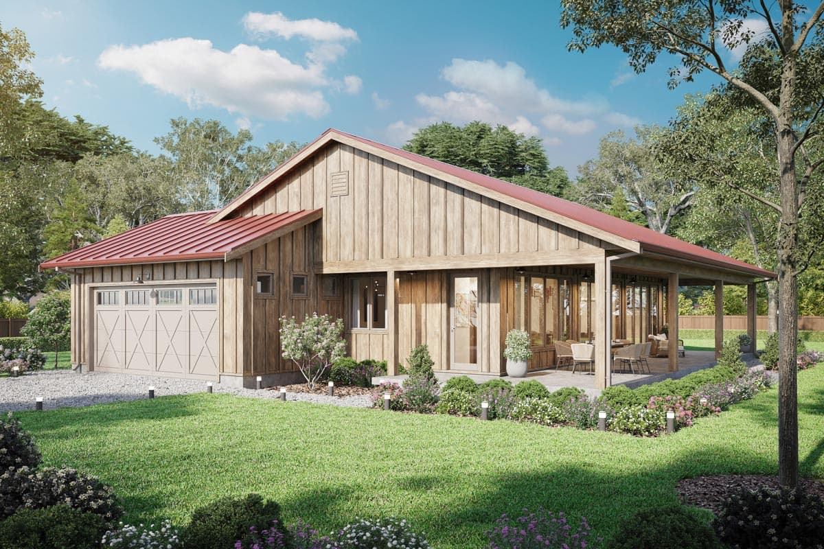 Modern Farmhouse house plan exterior with wood siding, red metal roof, attached garage, and covered porch with outdoor seating.