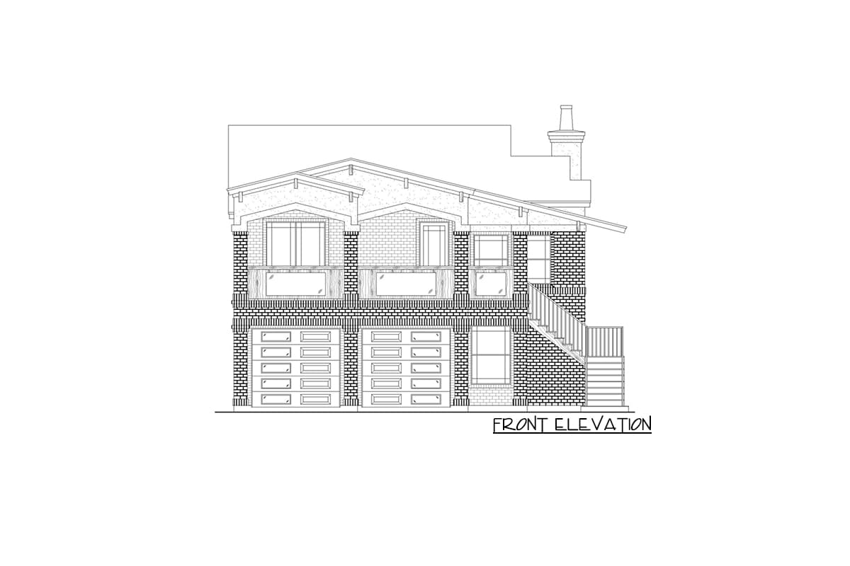 Front elevation drawing of a two-story house plan with a three-car garage, upper-level balconies, and a prominent gabled roof.