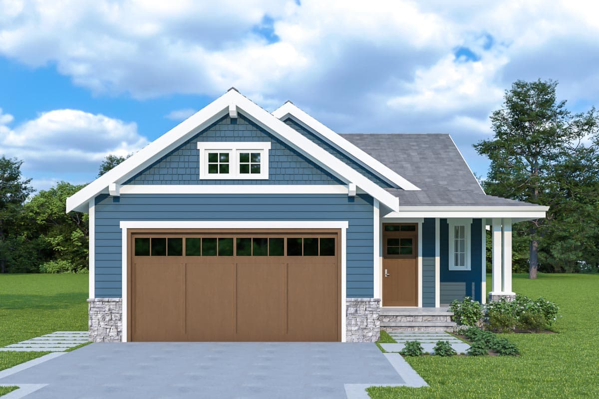 House plan exterior. Craftsman style with two stories, a front-facing garage, gabled roof, and a covered porch with columns.