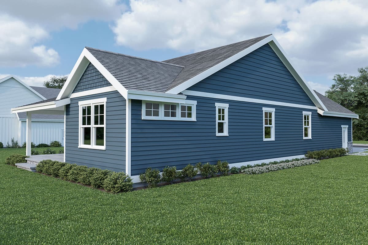 House plan exterior: single-story Modern Farmhouse with gabled roof, wide eaves, white-trimmed windows, and a covered entry porch.