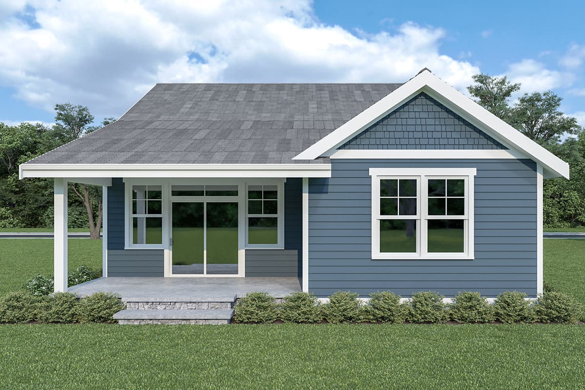 House plan exterior: Ranch style, one story, with covered porch, horizontal siding, and gabled dormer.