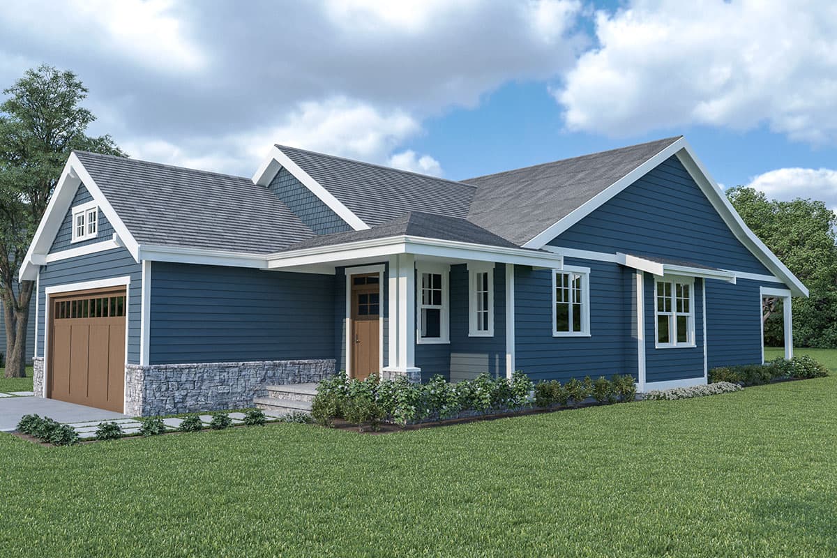 House plan exterior: blue siding, stone base, gabled roof, covered entry with white columns, and attached garage.