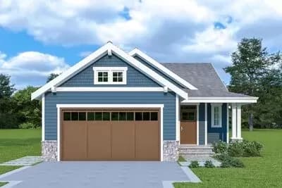 Narrow Country Craftsman House Plan with Back Patio