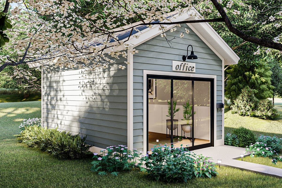 House plan exterior view of a small, one-story building with horizontal siding, gables, and a large glass door labeled "office."