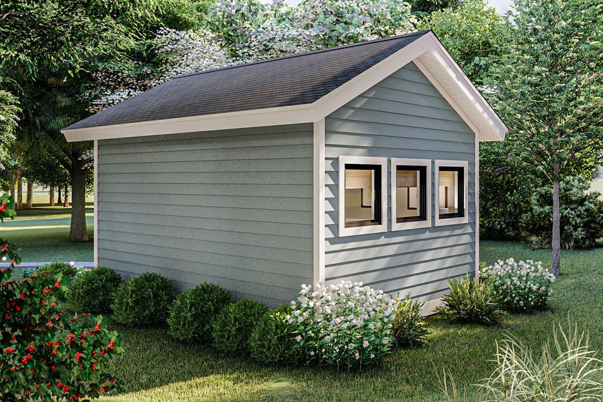 House plan exterior: one-story structure with horizontal siding, gable roof, and three symmetrically placed windows.