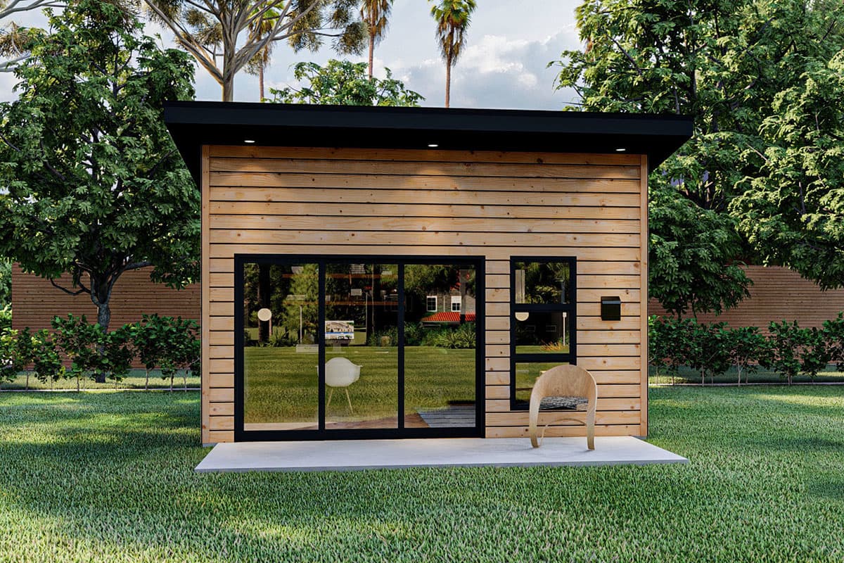 House plan exterior. Modern style with flat roof. Features large sliding glass doors, horizontal wood siding, and a small rectangular window.