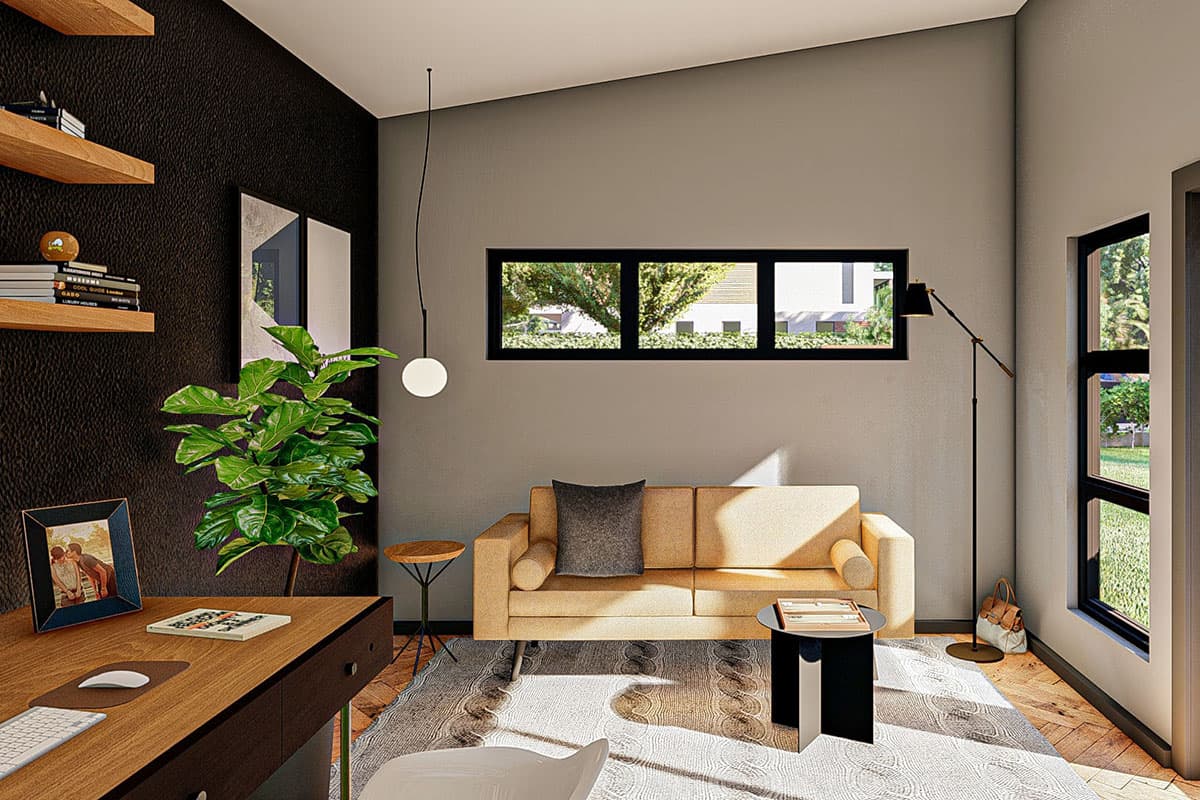 Interior rendering of a living room with a sofa, desk, and a horizontal window bank.