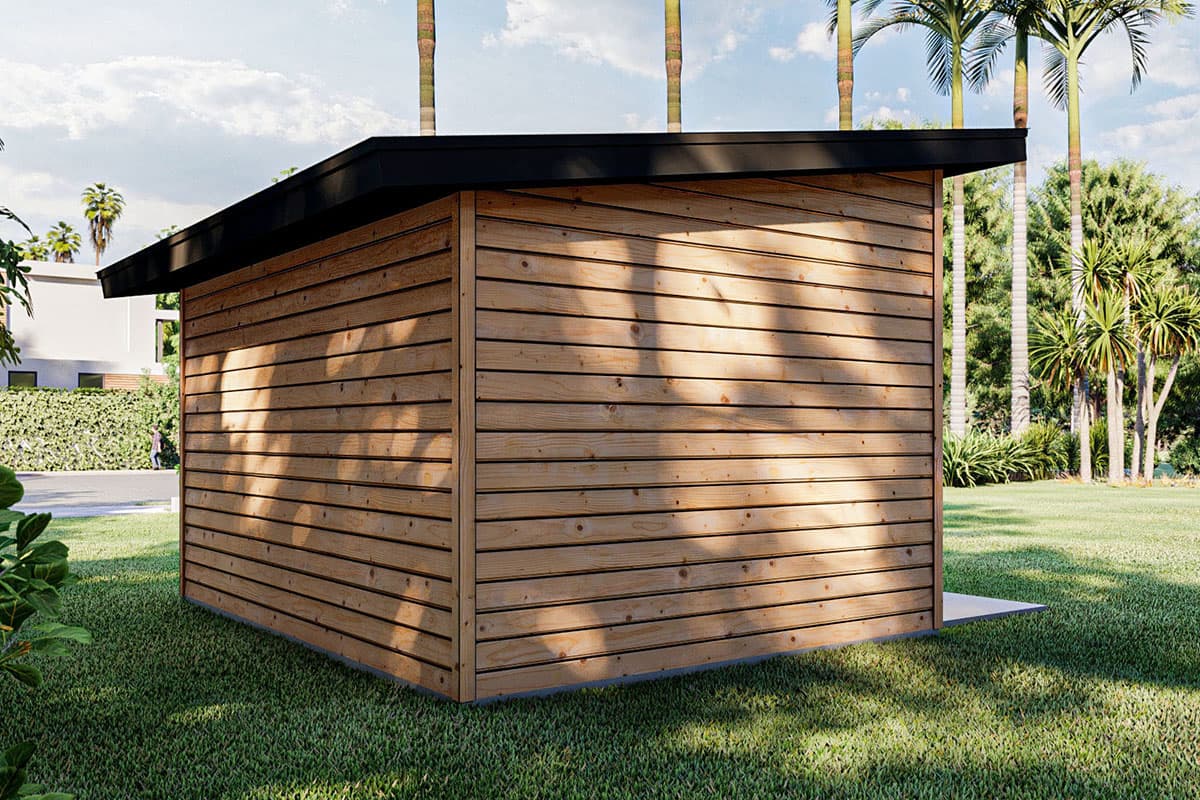 House plan exterior with horizontal wood siding, a single story, and a flat black roof.