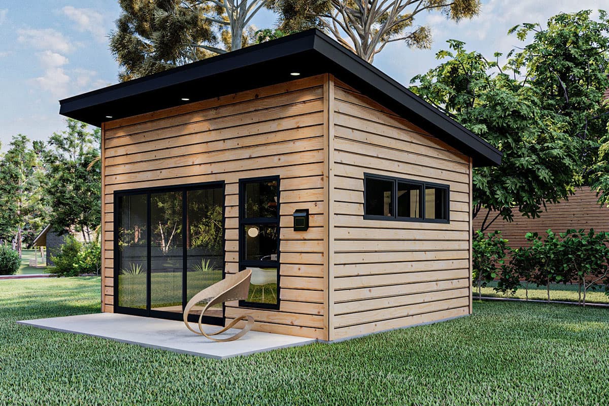 Modern tiny house plan exterior with wood siding, a shed roof, and large sliding glass doors.
