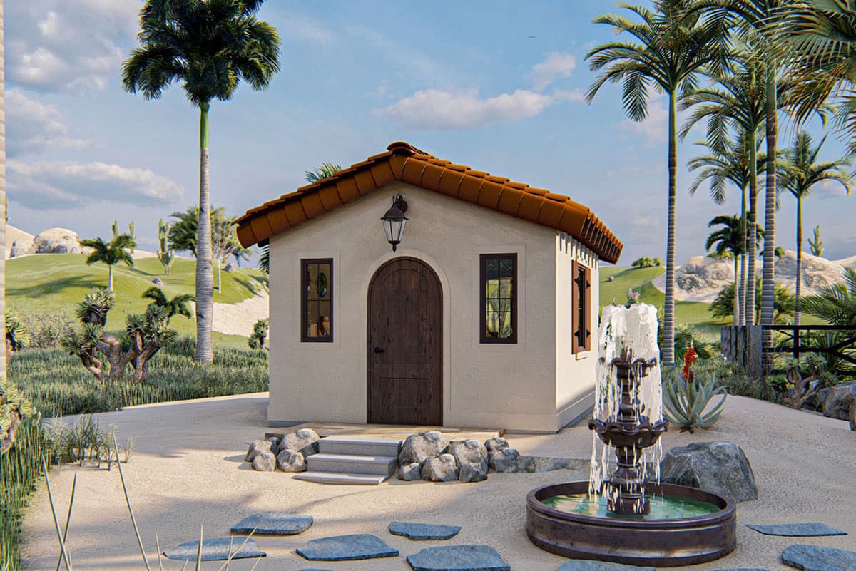 House plan exterior. One-story Mediterranean style with arched entry and tile roof. Features include two windows and a decorative sconce.