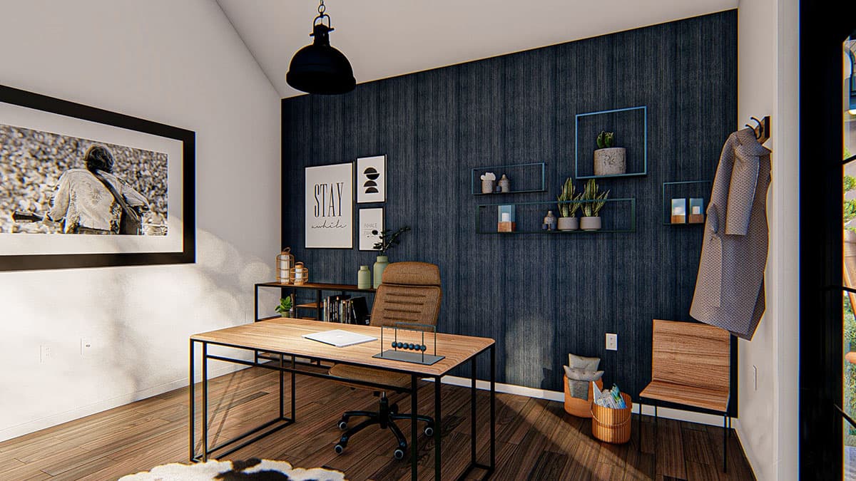 Modern home office rendering with dark textured wallpaper, a wooden desk and chair, and minimalist decor.