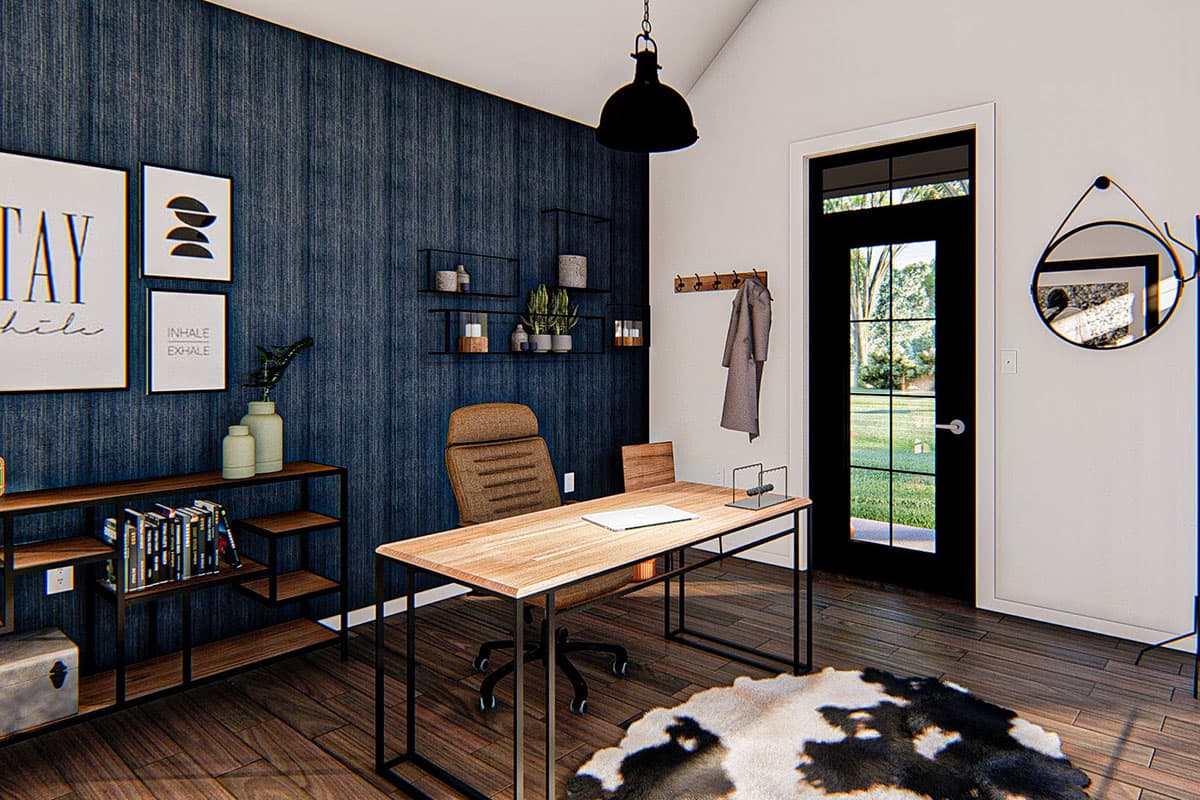 Home office rendering with desk, chair, bookcases, and patterned wallpaper.