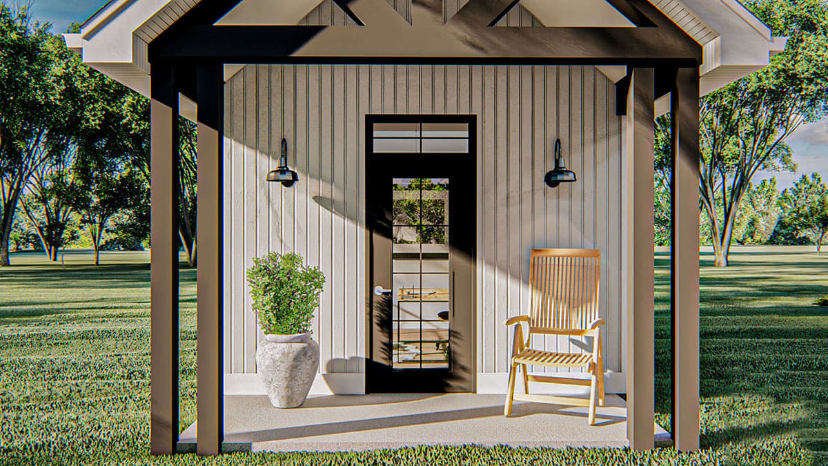 Modern Farmhouse house plan exterior with covered front porch, vertical siding, and paneled door with transom windows.