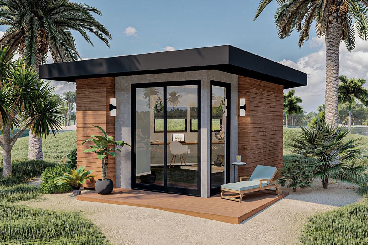 House plan exterior. Modern style with flat roof and wood siding. Features include large glass doors, outdoor deck, and built-in lighting.