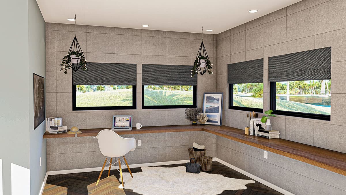 Interior rendering of a home office with a wrap-around wooden desk, white chair, and multiple windows overlooking a waterfront.