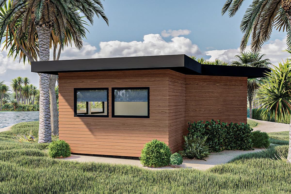 Modern house plan exterior with wood siding, flat roof, and two black-framed windows.
