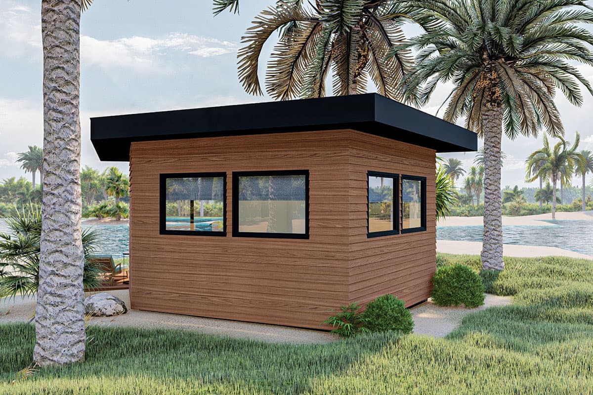 Modern one-story house plan exterior with wood siding, flat roof, and multiple rectangular windows.