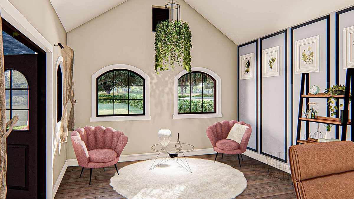 Interior rendering of a living space with arched windows, two pink accent chairs, a glass coffee table, and a hanging plant.