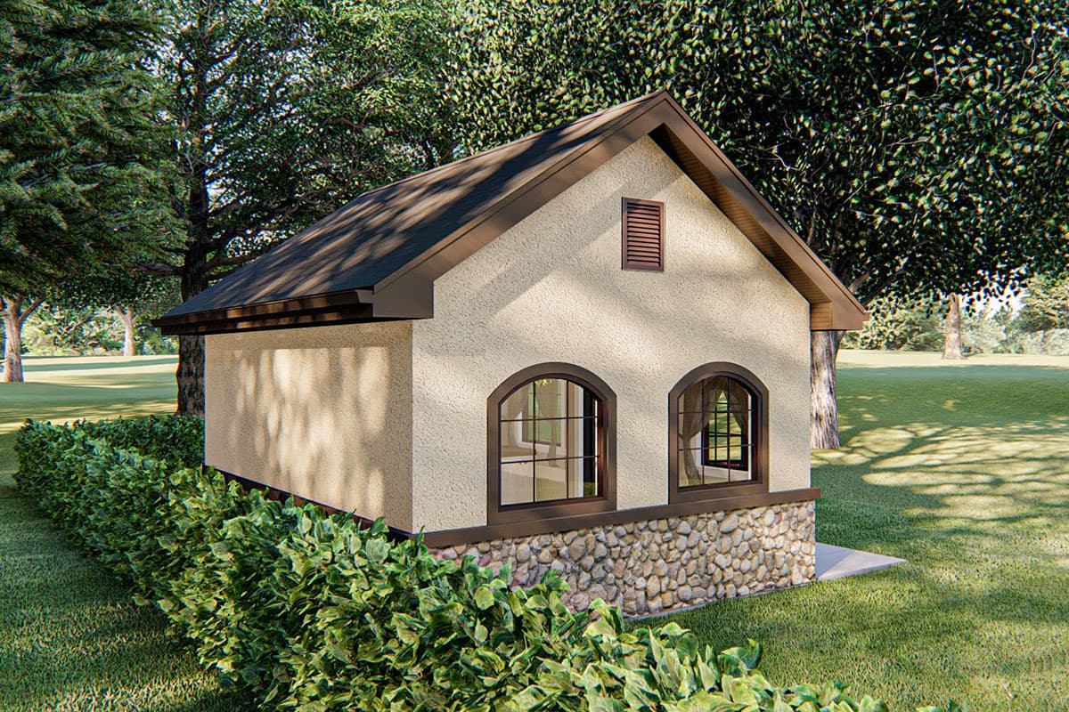 House plan exterior: One-story structure with arched windows, stone base, and gable vent.