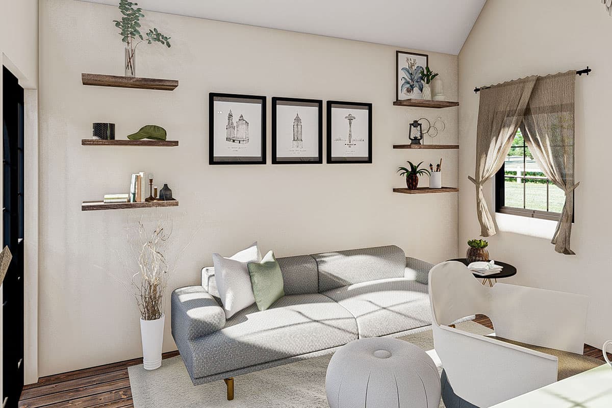Interior rendering of a living area with a sofa, accent chairs, floating shelves, and framed city prints.