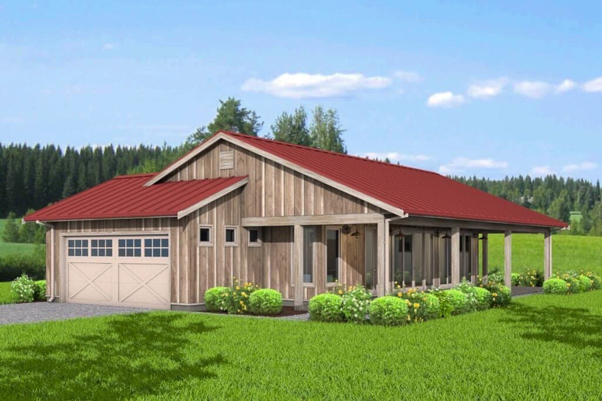 House plan exterior of a one-story Modern Farmhouse with vertical wood siding, red metal roof, covered porch, and attached two-car garage.