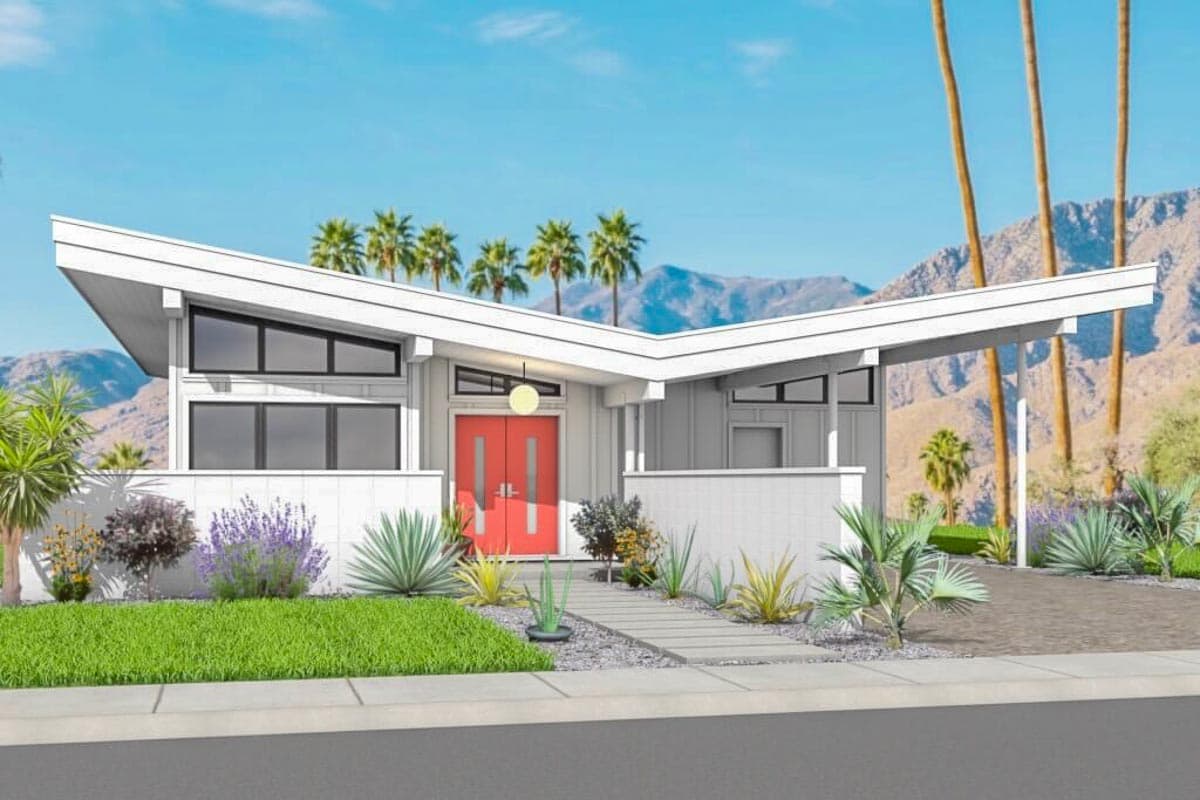 House plan exterior featuring a Mid-Century Modern design. Includes a carport, flat roof with large overhang, and clerestory windows.