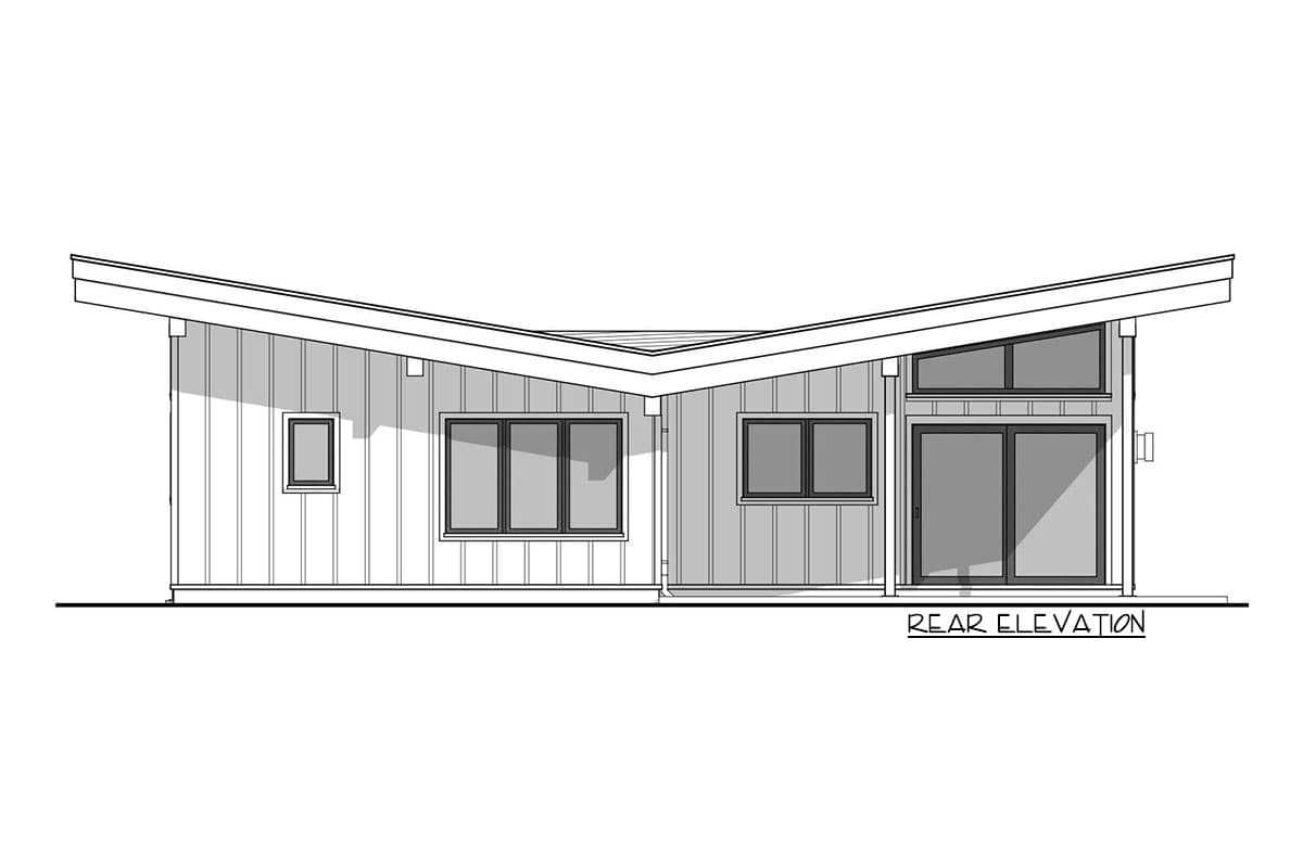 Rear elevation of a single-story house plan with a butterfly roofline, vertical siding, and multiple windows.