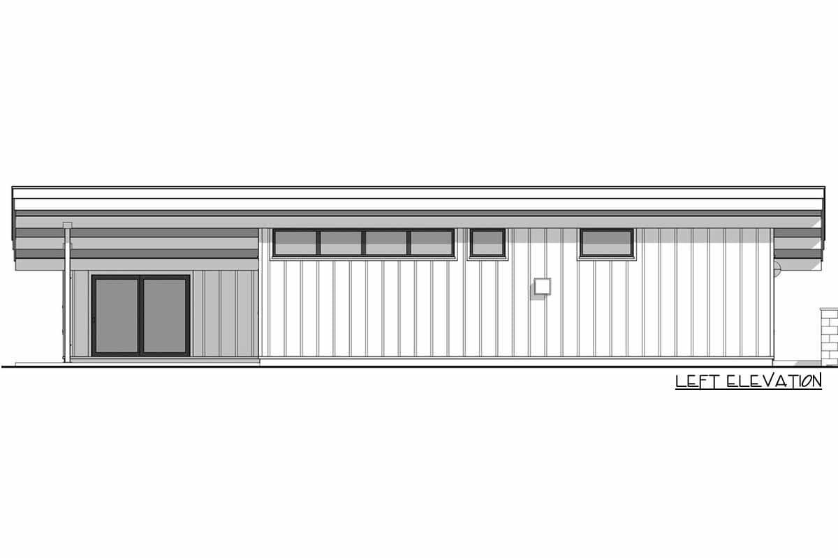 Left elevation drawing of a single-story house with a flat roof, horizontal siding, and multiple horizontal windows.