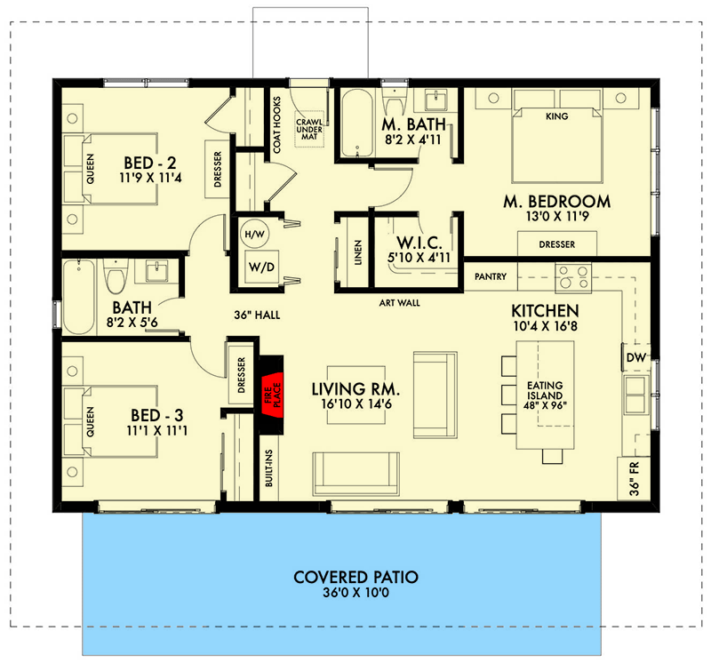 Plan 67792NWL: Modern House Plan with Low-Pitched Roof - Floor Plan - Main Level - Contemporary, Mid Century Modern, Modern, Northwest, Ranch