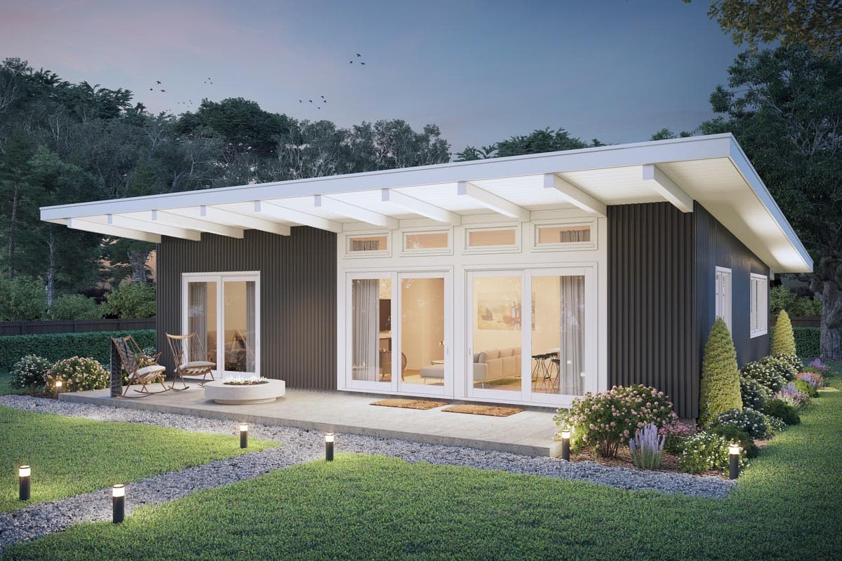 Modern house plan exterior, single story, with flat roof, dark vertical siding, and large glass doors.