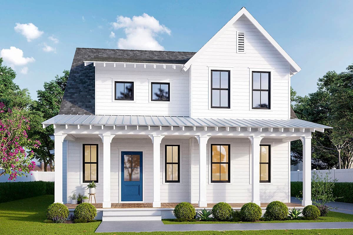House plan exterior: Modern Farmhouse style, two stories, featuring a wrap-around porch with metal roof, white siding, and gabled dormer.