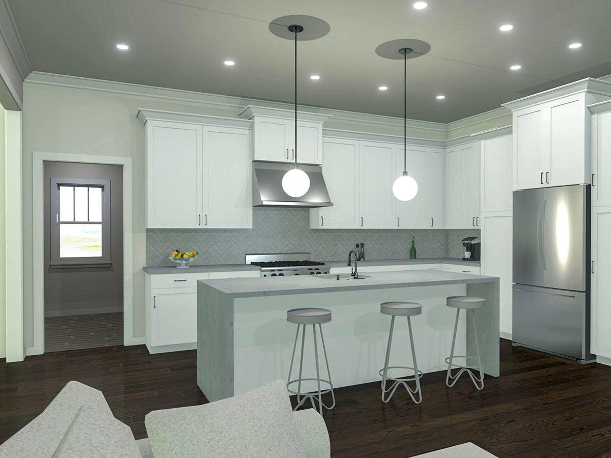 Kitchen rendering with white cabinets, island with seating, stainless steel appliances, and herringbone tile backsplash.
