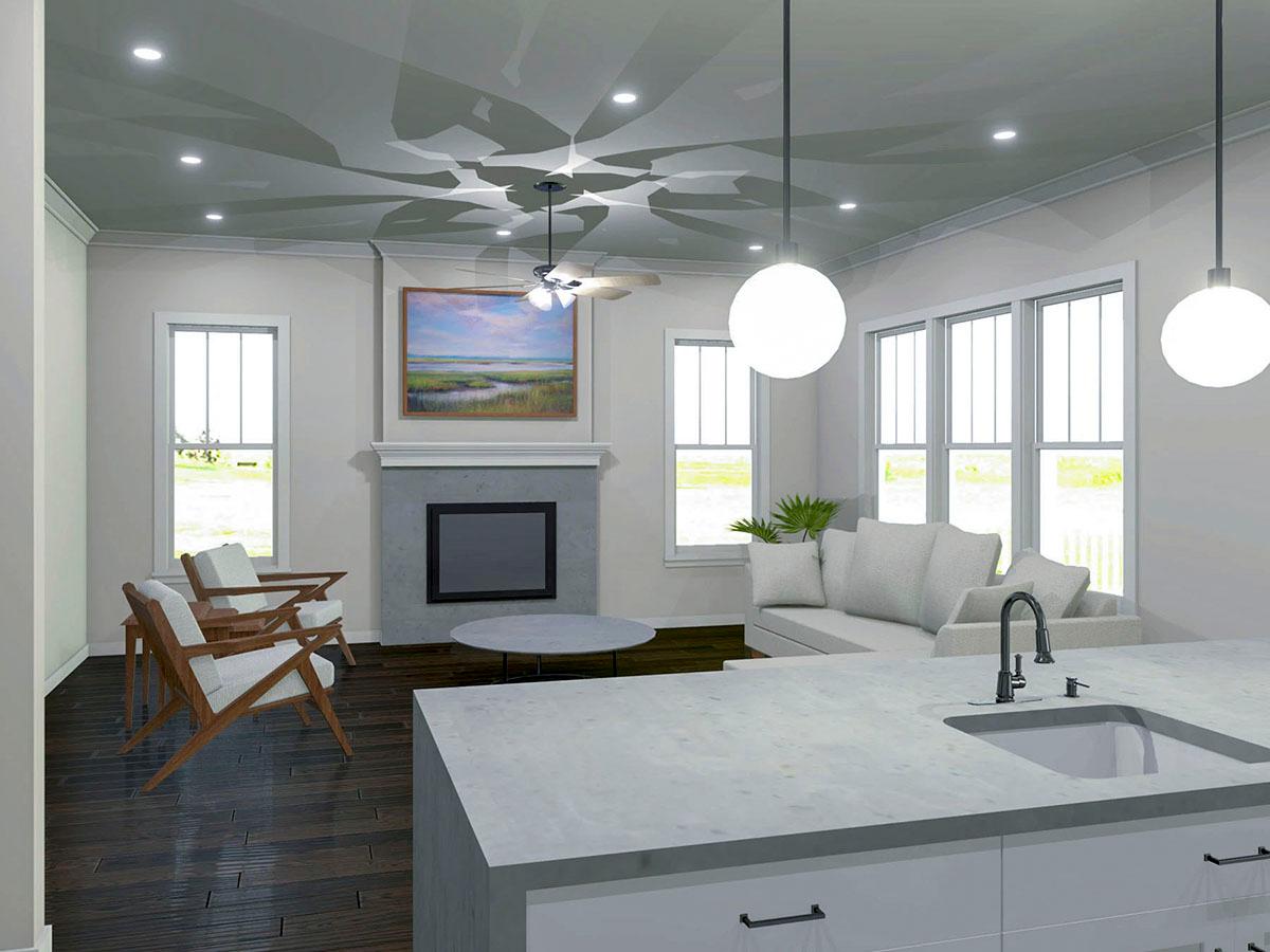 Interior rendering of a living space with fireplace, seating area, and kitchen island with sink.