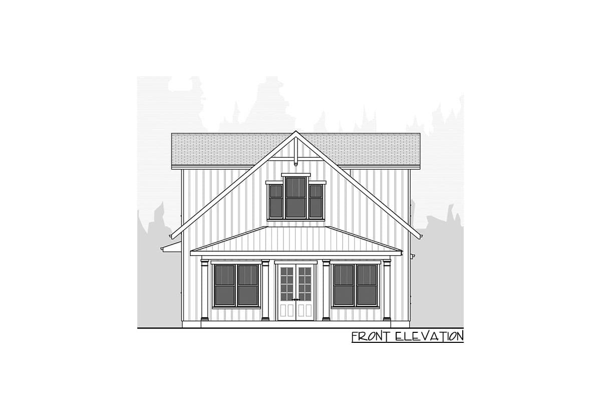 Front elevation drawing of a two-story house plan with a covered porch, double doors, and gabled dormer.