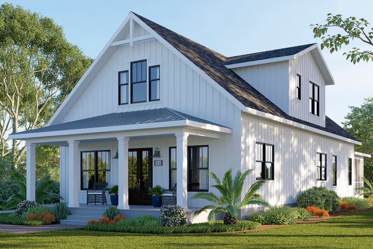 Modern Farmhouse house plan exterior with gabled roof, large front porch with columns, and board-and-batten siding.
