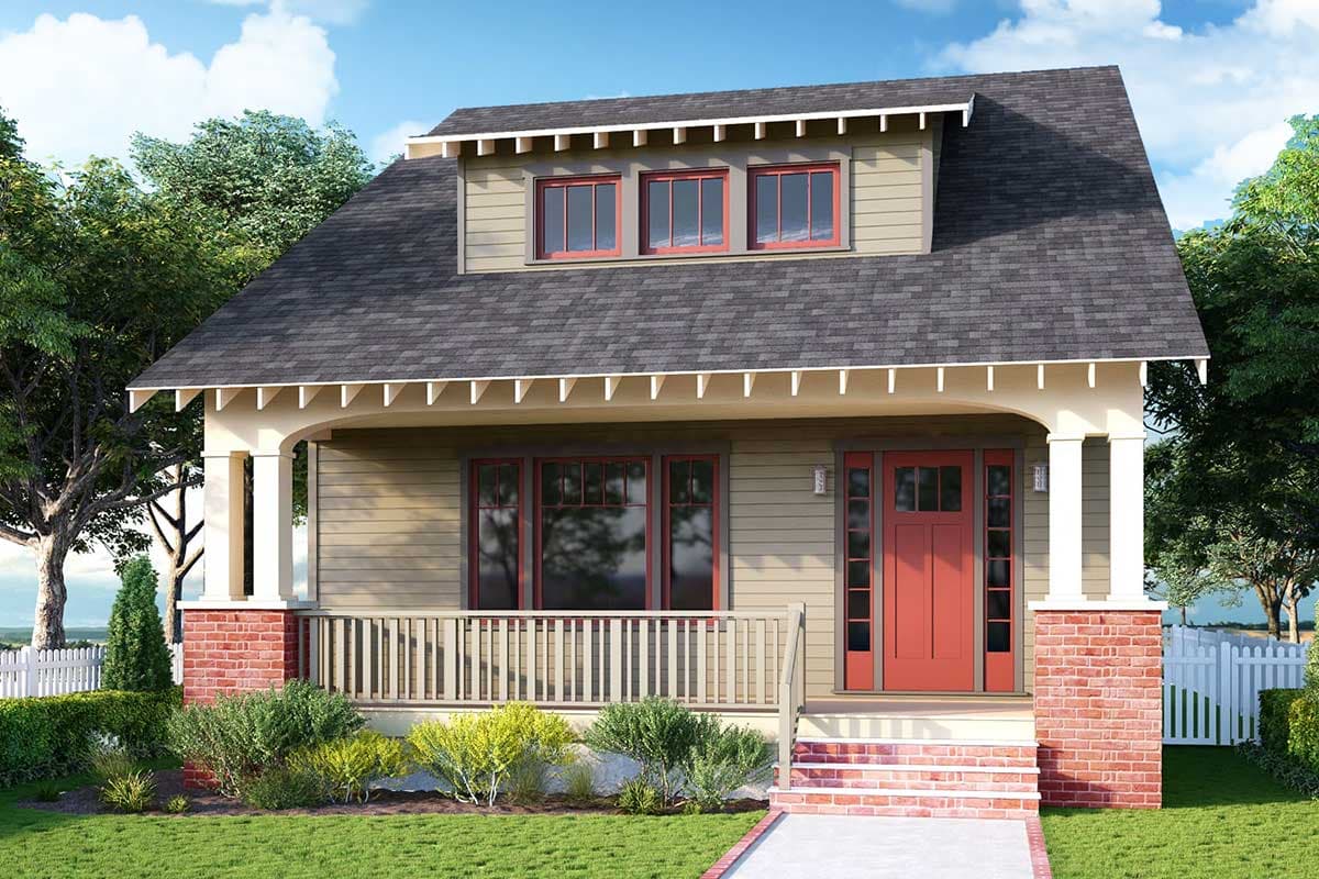 House plan exterior: Craftsman style, one story, with porch, gabled roof, and dormer. Features red door and windows.