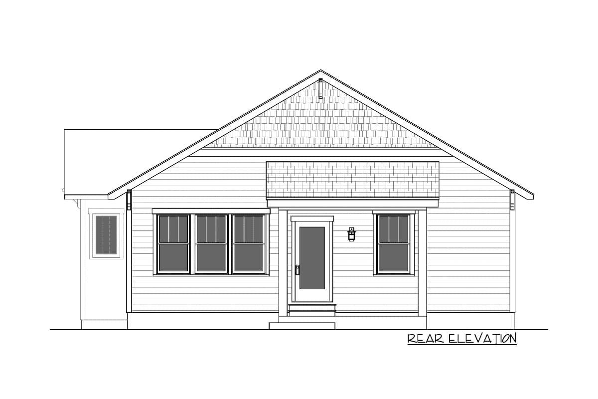 Rear elevation house plan showing a single-story structure with a gable roof, shingle siding accents, and multiple windows.