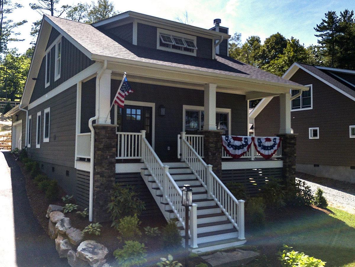 Craftsman style house plan exterior with covered porch, stone accents, multiple gables, and dormer window.