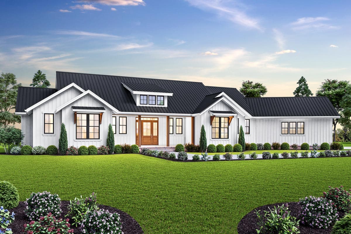 House plan exterior. Modern Farmhouse style with a single story, gabled roof, dormers, and a covered entry. Features board and batten siding.