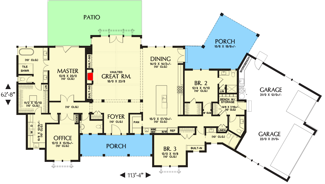 Plan 69761AM: Modern Farmhouse Plan with Angled 3-Car Garage - Floor Plan - Main Level - Country, Modern Farmhouse, New American, Northwest, Ranch, Traditional